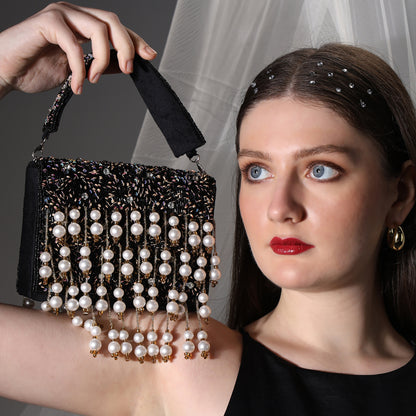 Pearl Cascade – Handcrafted Beaded Flap Bag with Hanging Pearls | Designer Evening Bag for Women
