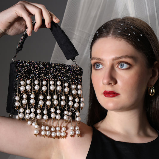Pearl Cascade – Handcrafted Beaded Flap Bag with Hanging Pearls | Designer Evening Bag for Women