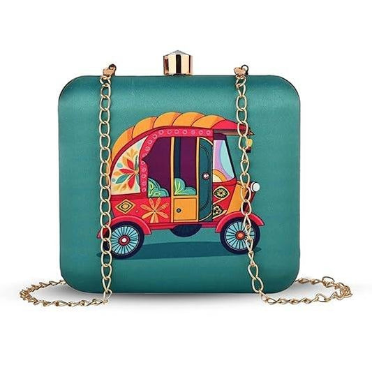 Desi Ride Clutch for Women – Indian Auto Rickshaw Print Sling Bag | Funky Ethnic Handbag for Parties, Gifting & Festive Looks