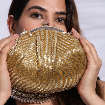Heera Belle Hand-Beaded Batua Bag – Vintage-Inspired Party Clutch with Pearl Tassel Handle & Metal Frame Closure
