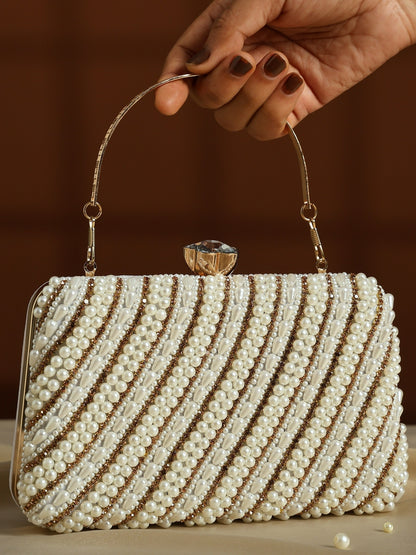 Luxe Pearl Evening Hand Clutch | Ladies Party Wedding Purse with Chain Strap