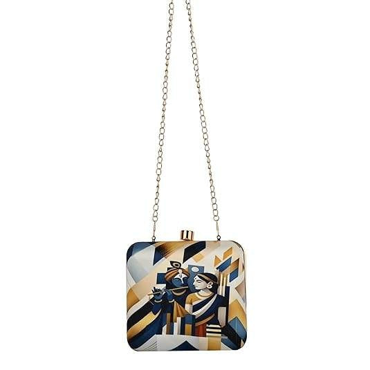 Divine Love Designer Clutch for Women – Radha Krishna Printed Sling Bag | Ethnic Fusion Party Purse | Artistic Hardcase Handbag