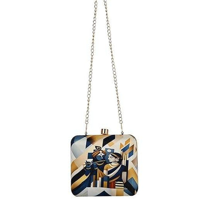Divine Love Designer Clutch for Women – Radha Krishna Printed Sling Bag | Ethnic Fusion Party Purse | Artistic Hardcase Handbag