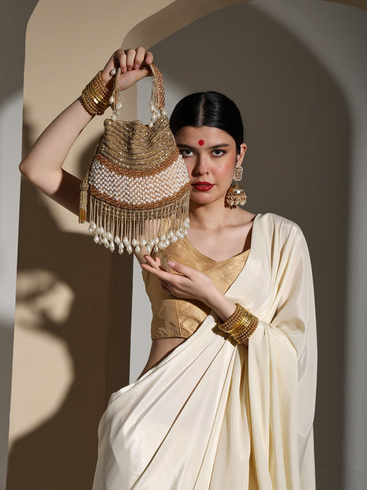 Gold Gleam Handcrafted Potli Bag with Pearl Tassels for Women