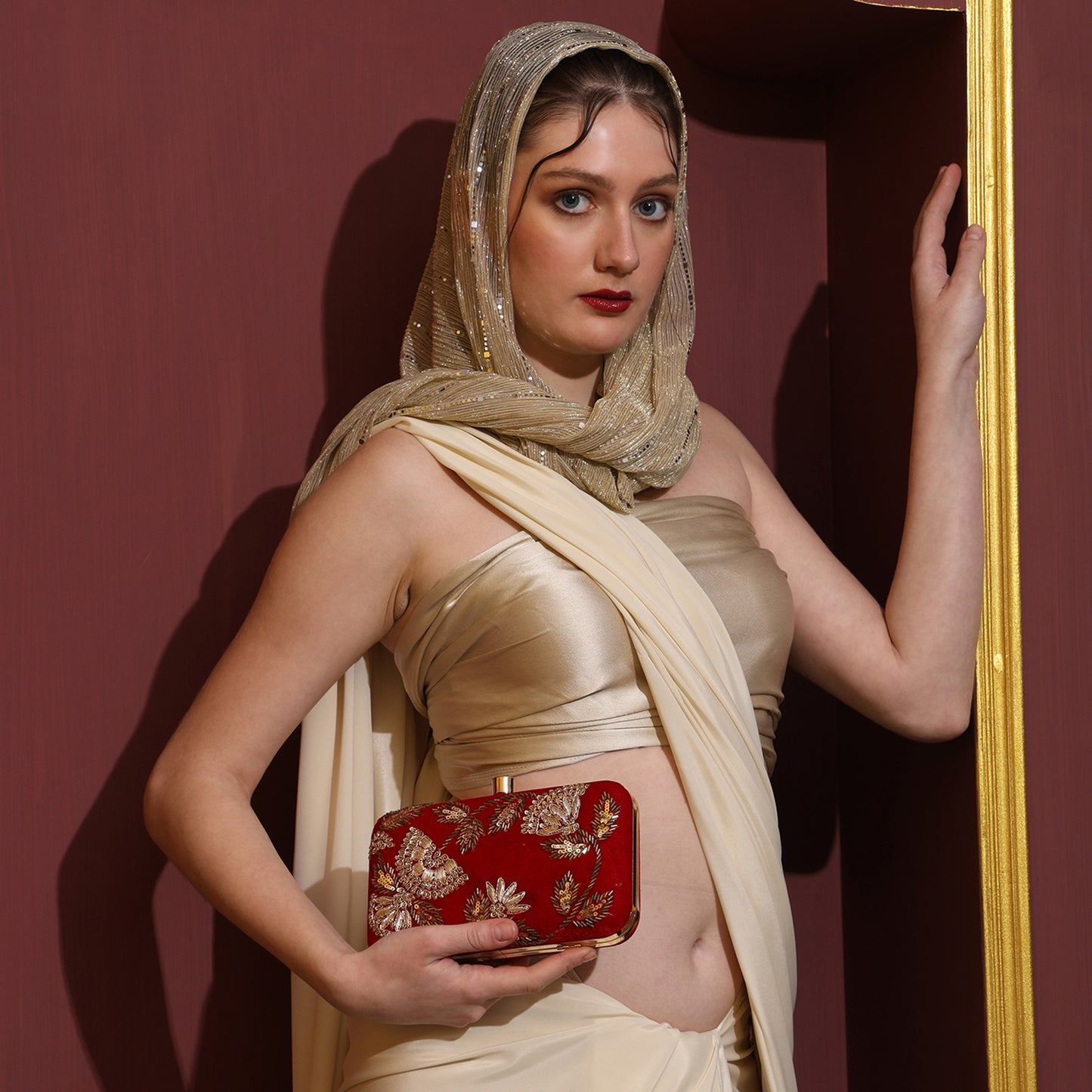 Noorani Red Velvet Embroidered Clutch – Handcrafted Ethnic Partywear Box Bag with Zari Work