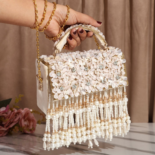 Phoolon Ki Rani Floral Flap Bag with Pearls & Gold Chain | Designer Bridal Flap Bag for Women