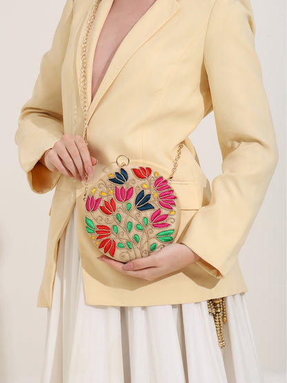 Flora Charm Clutch Purse for Women Floral Embroidered Evening Clutches Handbags Crossbody Bag for Wedding Round Purse Bag