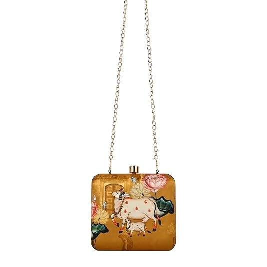 Kamdhenu Cow Clutch – Traditional Indian Art Hardcase Handbag | Gau Mata Print Ethnic Sling Bag for Women