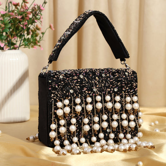 Pearl Cascade – Handcrafted Beaded Flap Bag with Hanging Pearls | Designer Evening Bag for Women