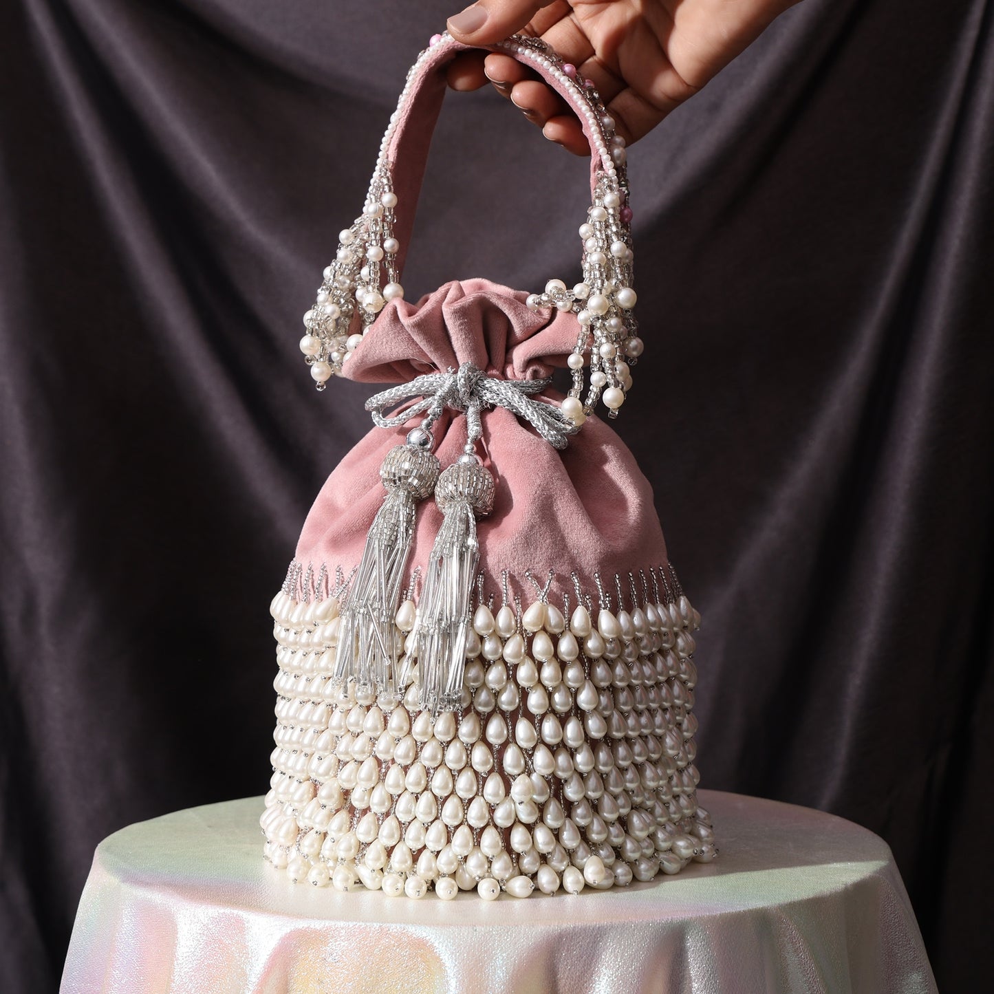 Rosette Blush Pink Velvet Potli Bag for Women | Handcrafted Pearl Embellished Bridal & Party Purse