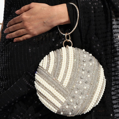 Noorika Handcrafted Round Pearl Clutch with Crystal Embellishments