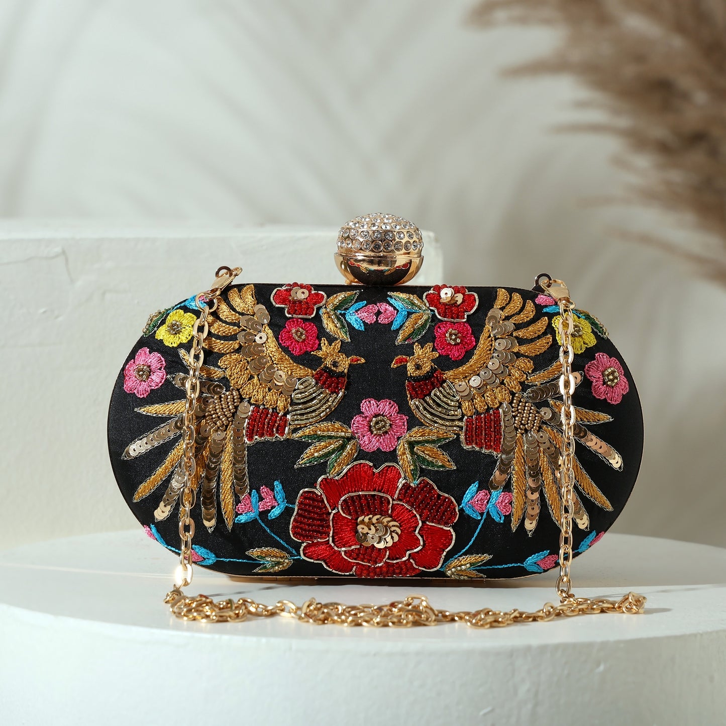 Crimson Feather Women's Box Clutch Purse Bag with sling chain