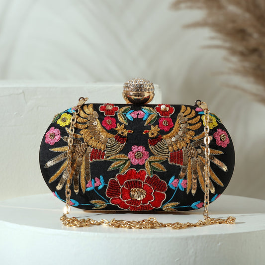 Crimson Feather Women's Box Clutch Purse Bag with sling chain