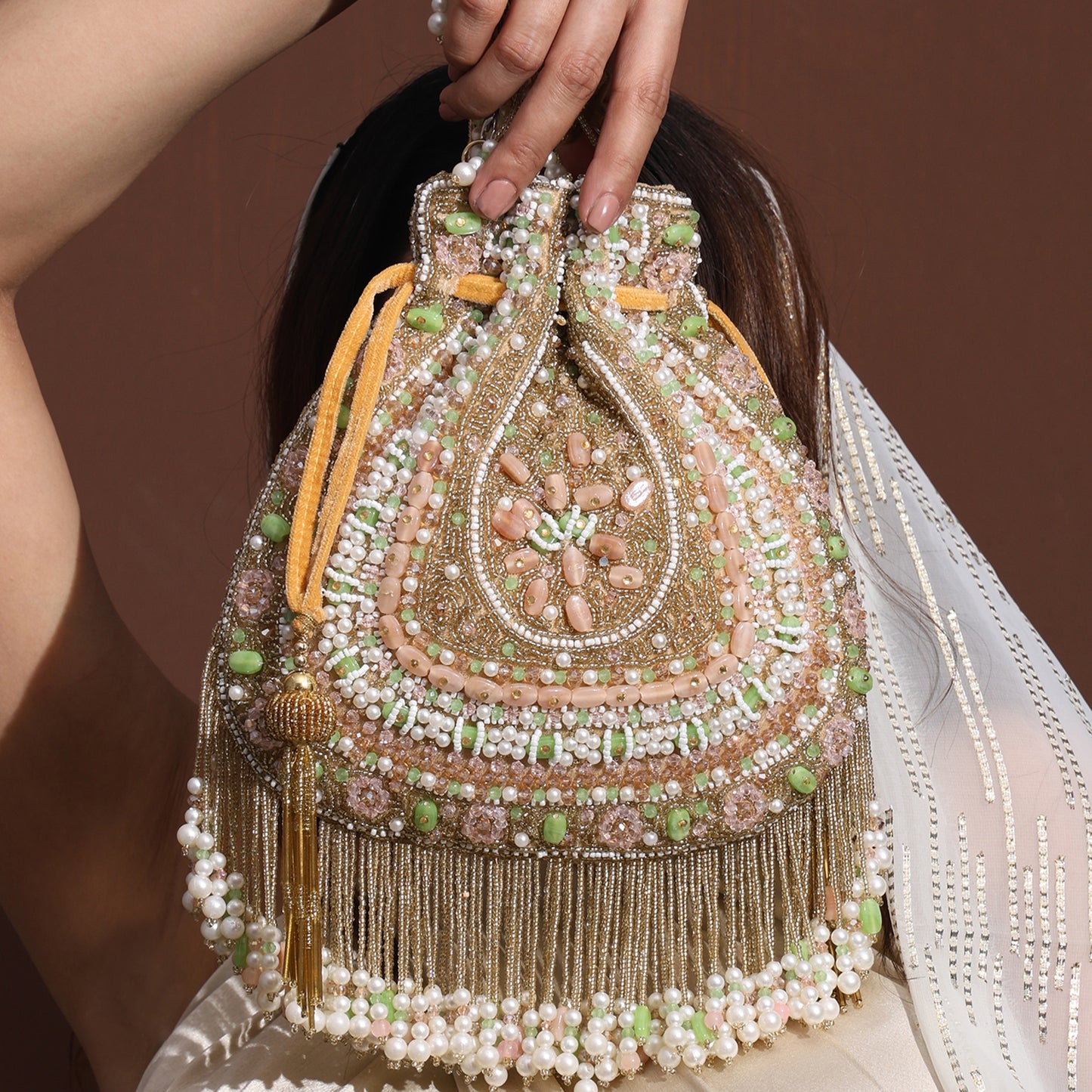 Noor-E-Pearl Potli Bag – Handcrafted Pastel Beaded Drawstring Clutch with Pearl Tassels | Wedding & Festive Purse for Women