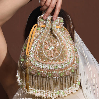Noor-E-Pearl Potli Bag – Handcrafted Pastel Beaded Drawstring Clutch with Pearl Tassels | Wedding & Festive Purse for Women