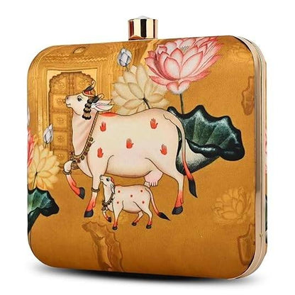Kamdhenu Cow Clutch – Traditional Indian Art Hardcase Handbag | Gau Mata Print Ethnic Sling Bag for Women