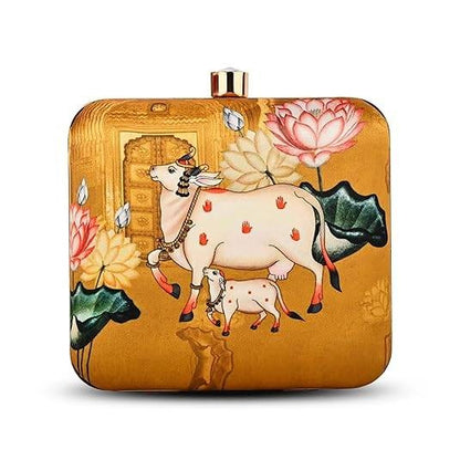 Kamdhenu Cow Clutch – Traditional Indian Art Hardcase Handbag | Gau Mata Print Ethnic Sling Bag for Women