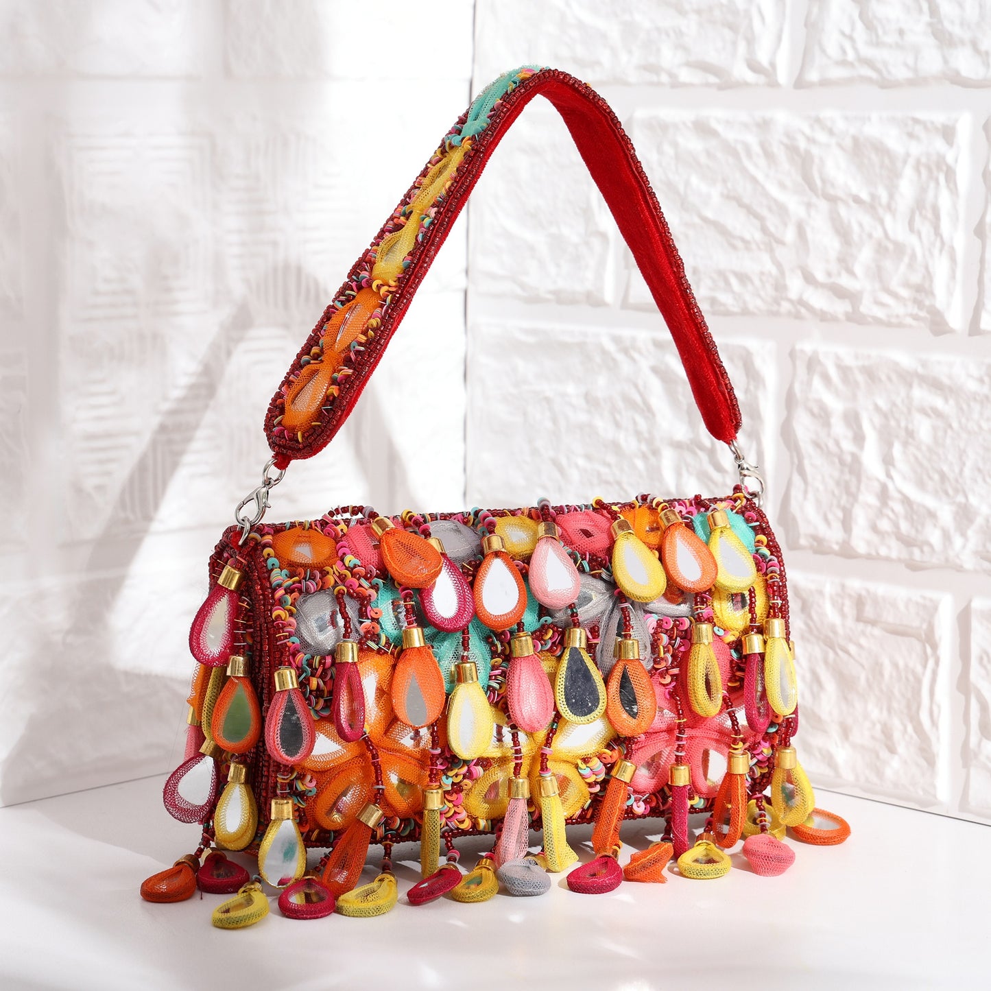 Banjara Beats – Multicolor Handcrafted Flap Bag | Boho-Chic Embellished Clutch with Fabric Drops & Beaded Handle