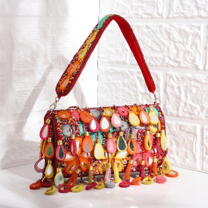 Banjara Beats – Multicolor Handcrafted Flap Bag | Boho-Chic Embellished Clutch with Fabric Drops & Beaded Handle