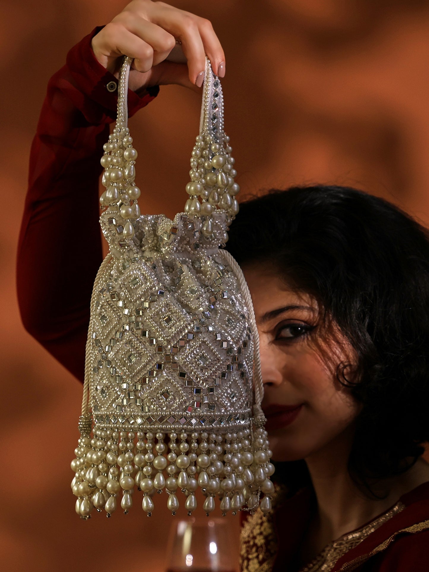 Motiya Potli Exquisite Hand-Embellished Potli Bag with Intricate Bead & Mirror Detailing