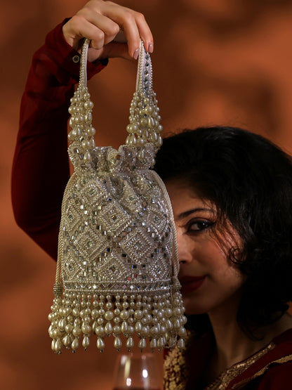 Motiya Potli Exquisite Hand-Embellished Potli Bag with Intricate Bead & Mirror Detailing
