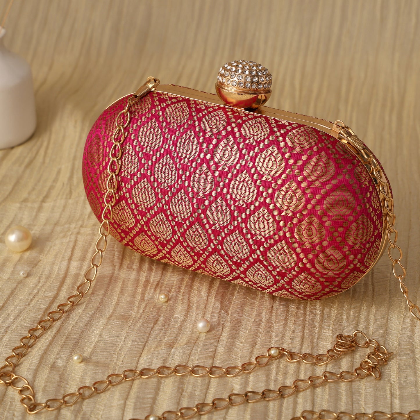 Banarasi Noor Pink Elegant Embellished Oval Clutch with Chain Strap and Crystal Clasp