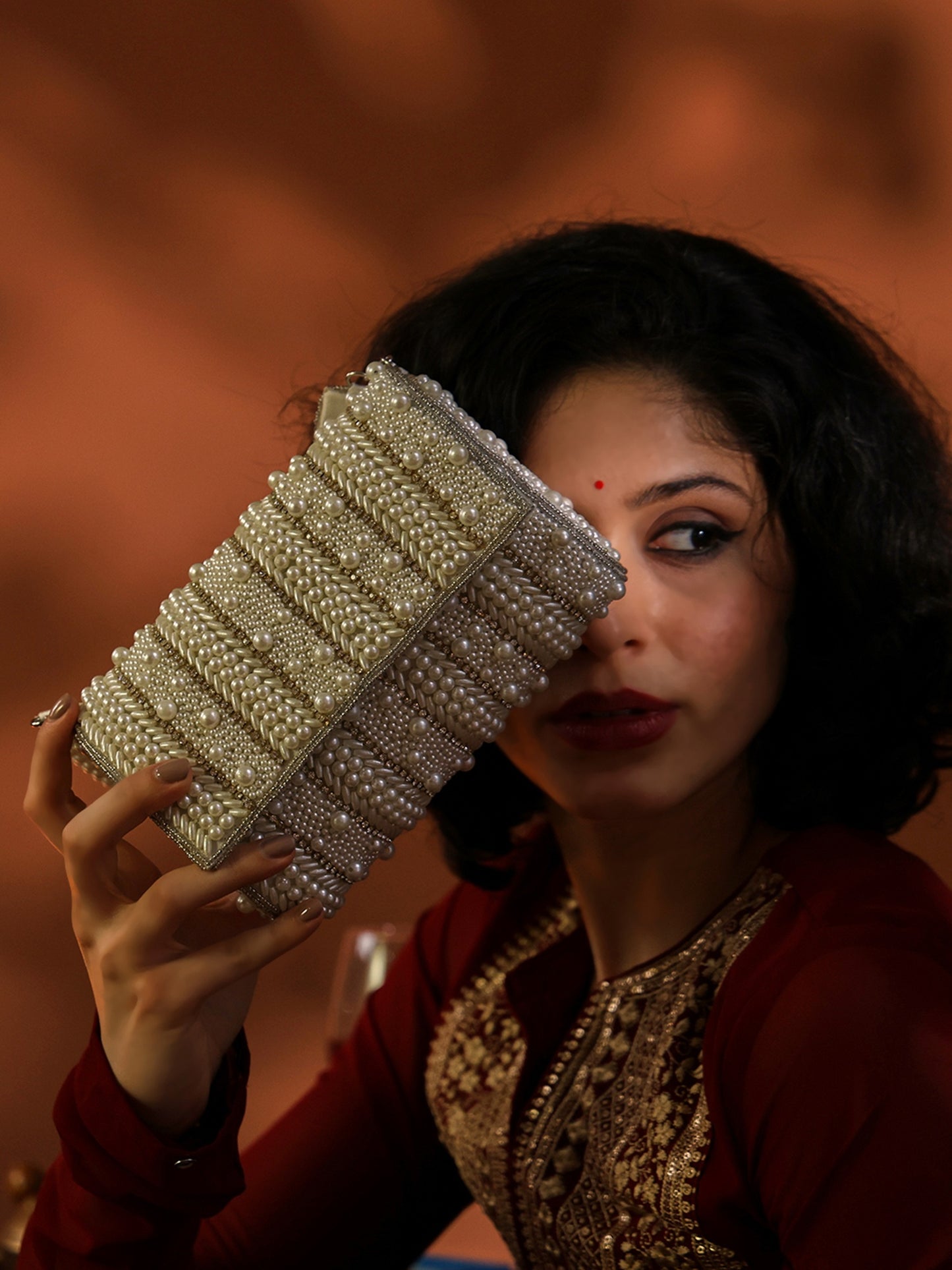 Mehfil Handcrafted Pearl-Embellished Flap with Detachable Handle