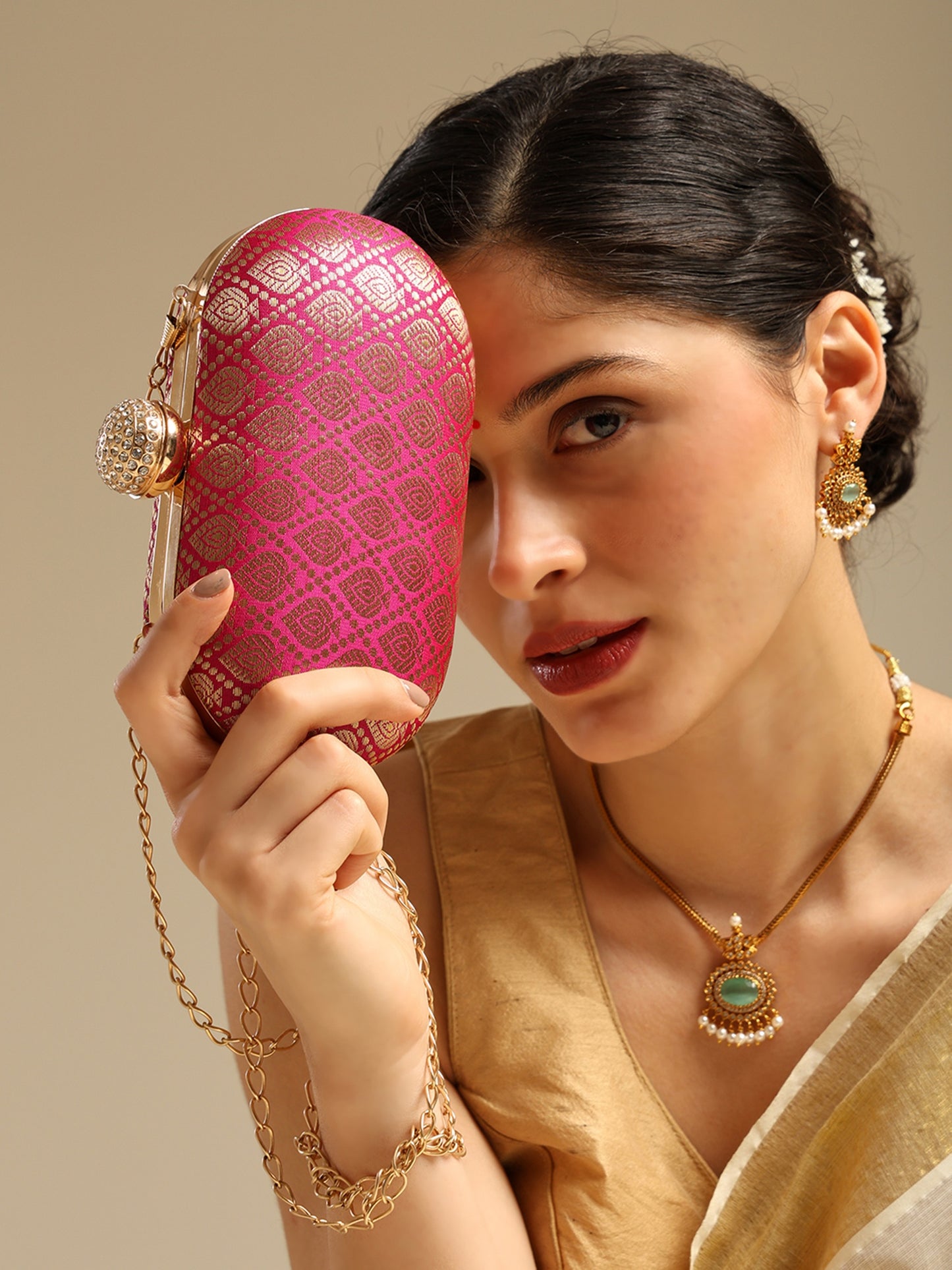 Banarasi Noor Pink Elegant Embellished Oval Clutch with Chain Strap and Crystal Clasp