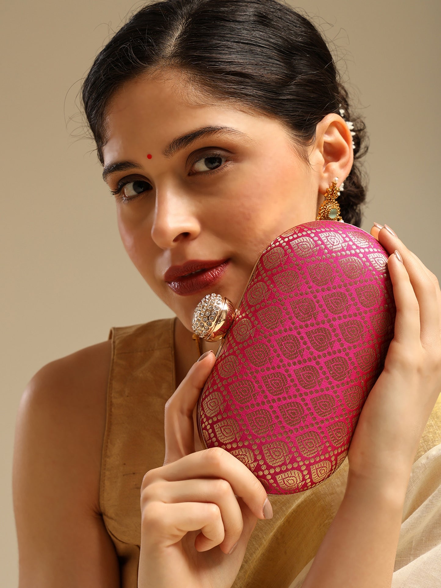 Banarasi Noor Pink Elegant Embellished Oval Clutch with Chain Strap and Crystal Clasp