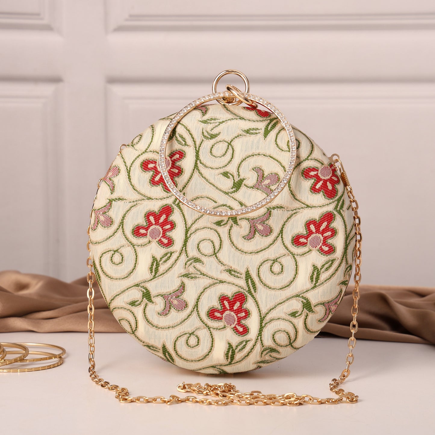 Phooldaan Elegant Round Clutch with Intricate Floral Embroidery & Crystal-Accented Handle