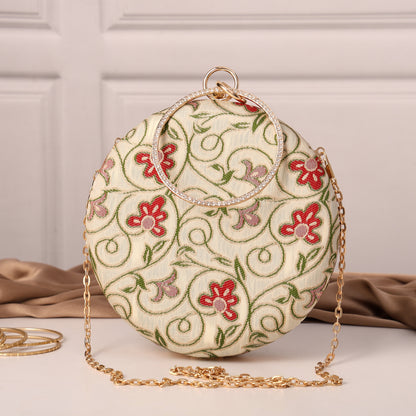 Phooldaan Elegant Round Clutch with Intricate Floral Embroidery & Crystal-Accented Handle