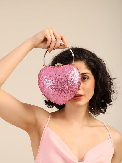 Pink Crush Heart-Shaped Statement Clutch with Dazzling Sequin Finish and Jewel Clasp