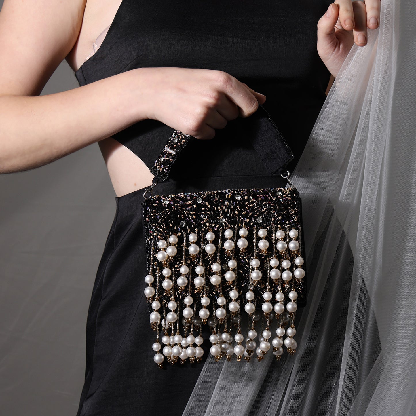 Pearl Cascade – Handcrafted Beaded Flap Bag with Hanging Pearls | Designer Evening Bag for Women