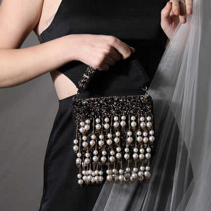 Pearl Cascade – Handcrafted Beaded Flap Bag with Hanging Pearls | Designer Evening Bag for Women