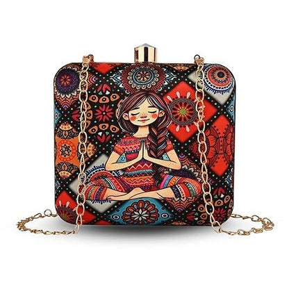 Namaste Vibes Women's Designer Clutch Bag – Quirky Printed Box Purse with Detachable Sling | Trendy Party Handbag for Girls & Women