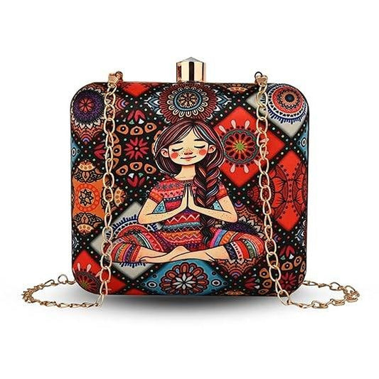 Namaste Vibes Women's Designer Clutch Bag – Quirky Printed Box Purse with Detachable Sling | Trendy Party Handbag for Girls & Women