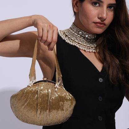 Heera Belle Hand-Beaded Batua Bag – Vintage-Inspired Party Clutch with Pearl Tassel Handle & Metal Frame Closure