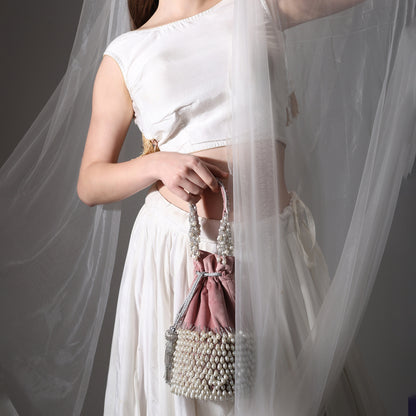 Rosette Blush Pink Velvet Potli Bag for Women | Handcrafted Pearl Embellished Bridal & Party Purse