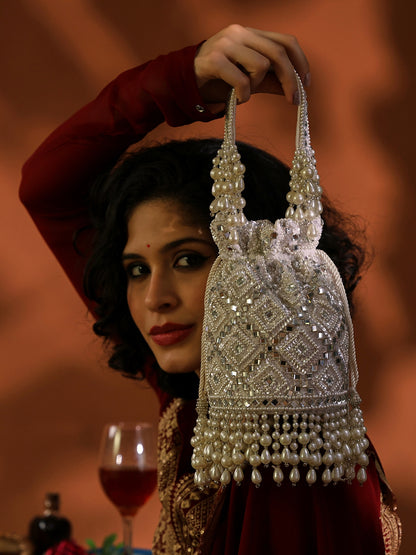 Motiya Potli Exquisite Hand-Embellished Potli Bag with Intricate Bead & Mirror Detailing