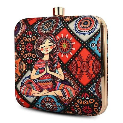 Namaste Vibes Women's Designer Clutch Bag – Quirky Printed Box Purse with Detachable Sling | Trendy Party Handbag for Girls & Women