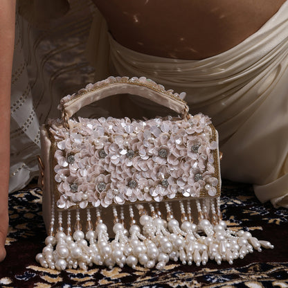 Phoolon Ki Rani Floral Flap Bag with Pearls & Gold Chain | Designer Bridal Flap Bag for Women