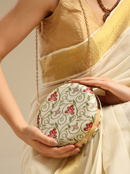 Phooldaan Elegant Round Clutch with Intricate Floral Embroidery & Crystal-Accented Handle
