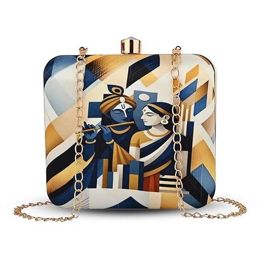 Divine Love Designer Clutch for Women – Radha Krishna Printed Sling Bag | Ethnic Fusion Party Purse | Artistic Hardcase Handbag
