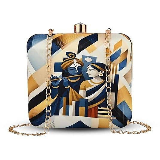 Divine Love Designer Clutch for Women – Radha Krishna Printed Sling Bag | Ethnic Fusion Party Purse | Artistic Hardcase Handbag
