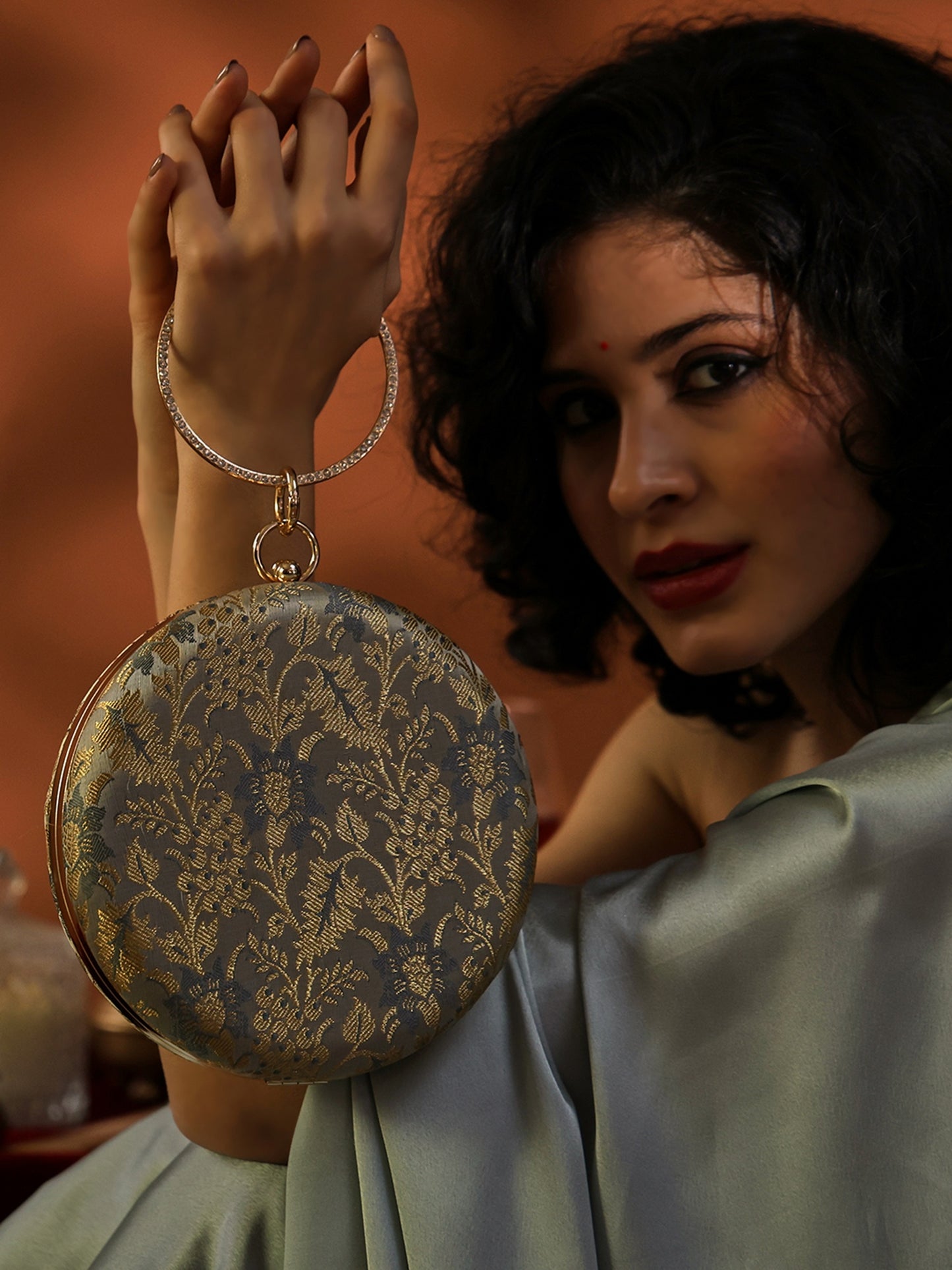 Heritage Luxe Round Floral Embroidered Clutch with Metallic Accents