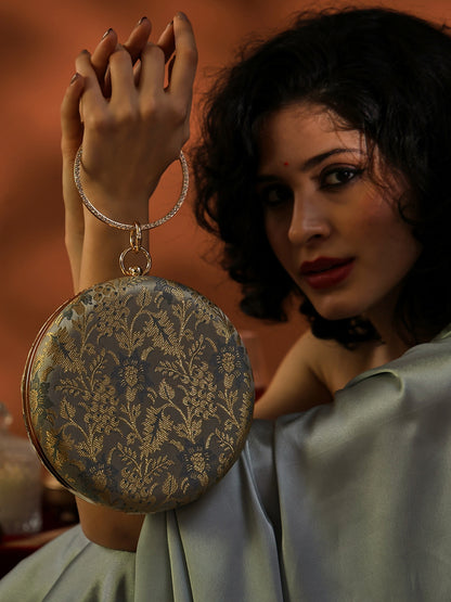 Heritage Luxe Round Floral Embroidered Clutch with Metallic Accents