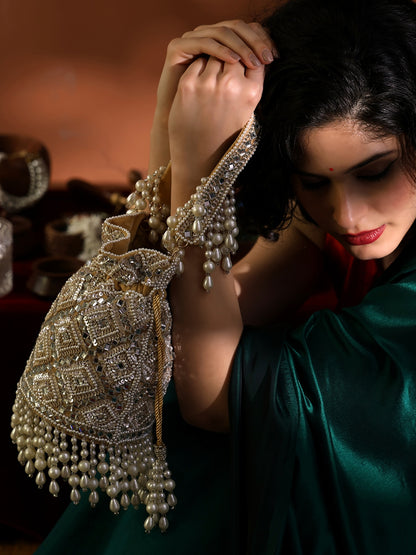 Royal Grace Potli Exquisite Hand-Embellished Potli Bag with Mirror and Pearl Detailing
