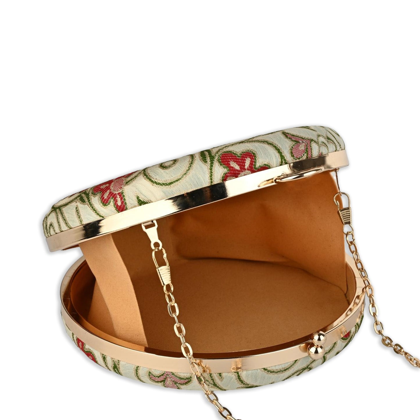 Phooldaan Elegant Round Clutch with Intricate Floral Embroidery & Crystal-Accented Handle