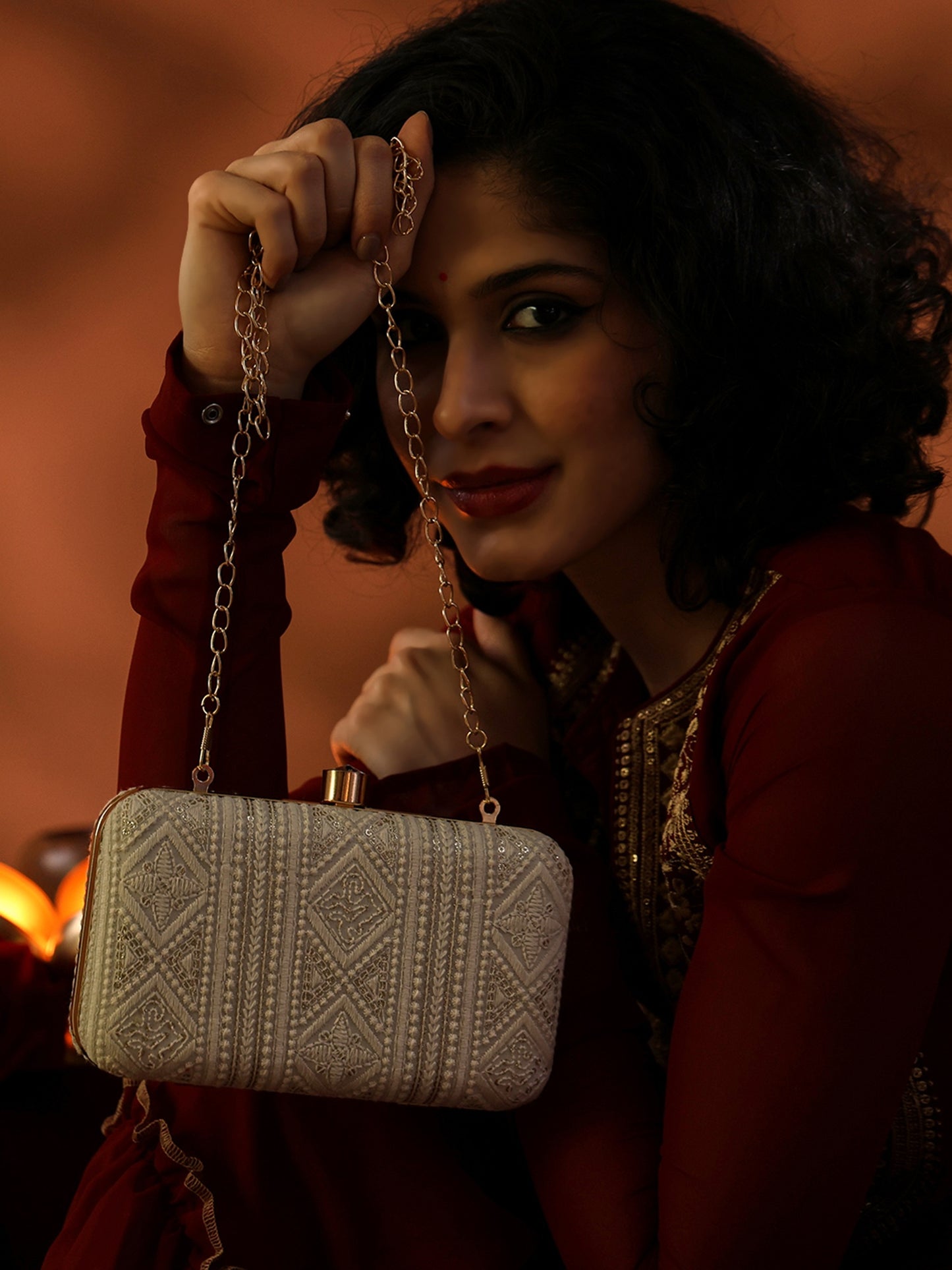 Regal Charm Embroidered Box Clutch with Geometric Detailing and Crystal Clasp