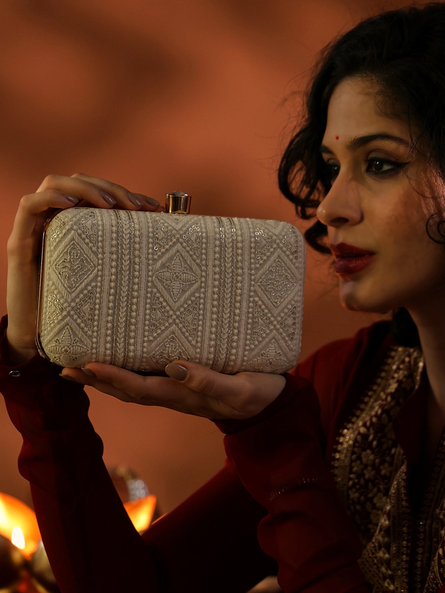 Regal Charm Embroidered Box Clutch with Geometric Detailing and Crystal Clasp